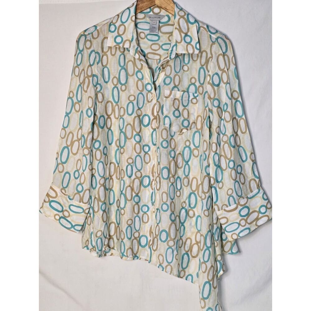 Multiples Sz Small Colorful Rayon ART-to-WEAR Blouse Button Front Asymmetrical